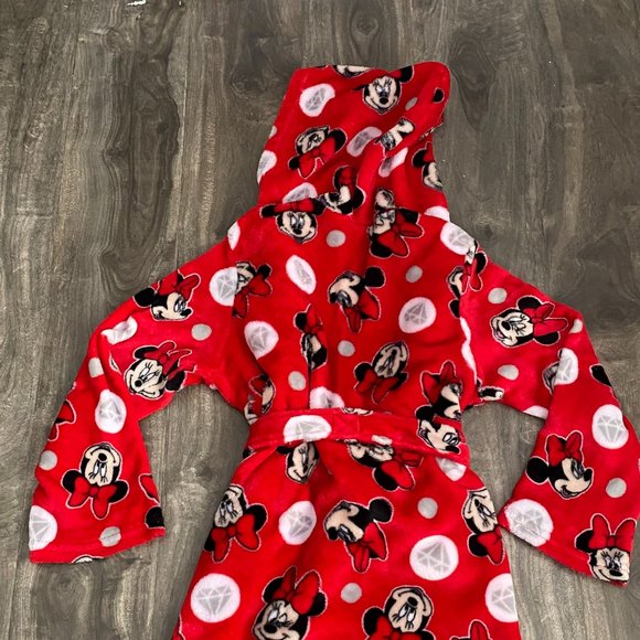DISNEY MINNIE MOUSE Girls Size Medium (8) Hooded Robe White Red Black Fuzzy Soft - Picture 7 of 8